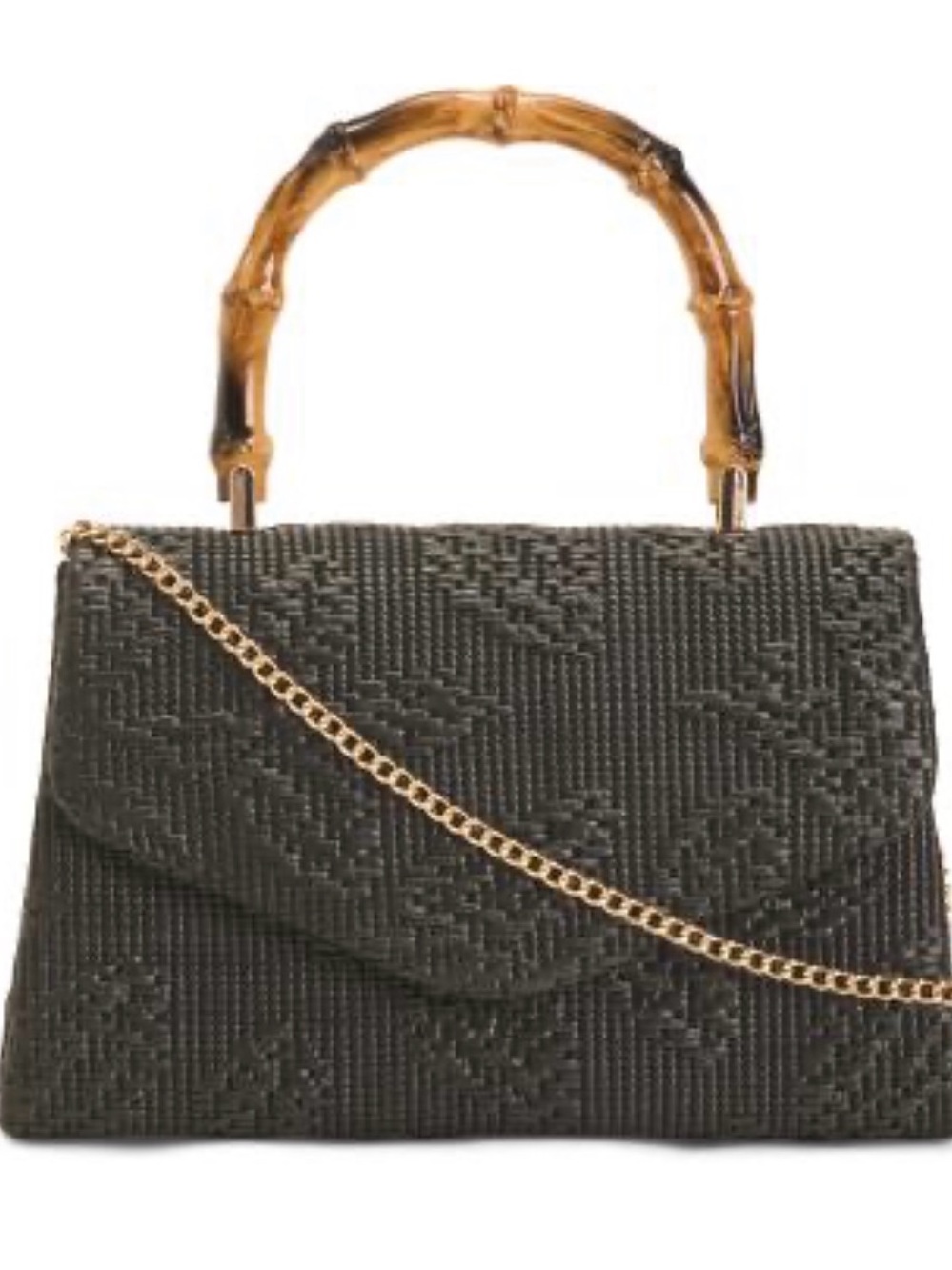 Woven Black Satchel with Bamboo-Style Top Handle and Gold Chain